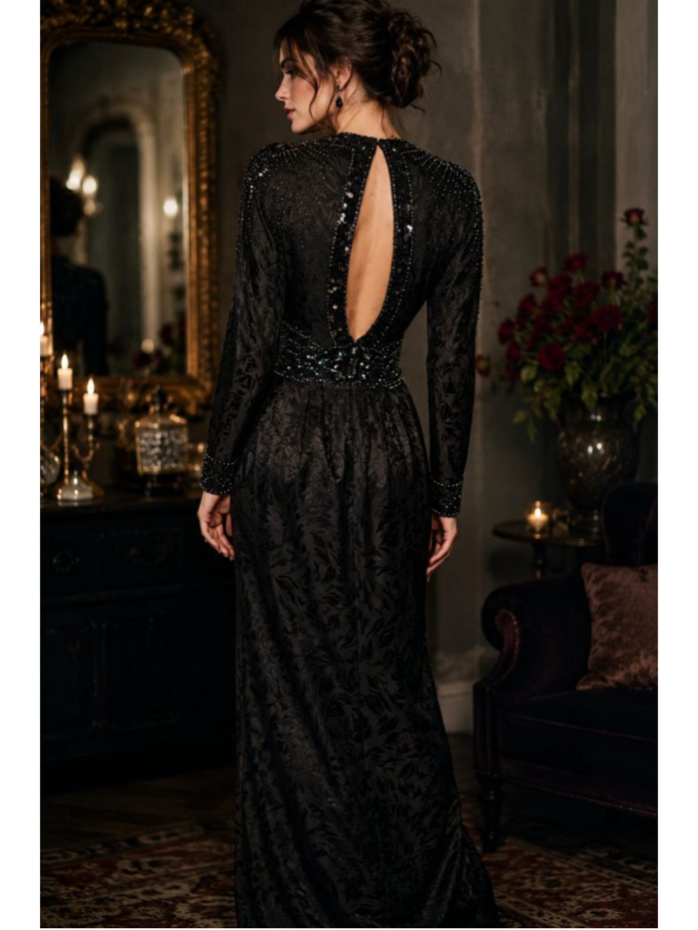 Vintage 80s Black Silk Beaded Evening Dress Keyhole Back Long Sleeve Formal Gown